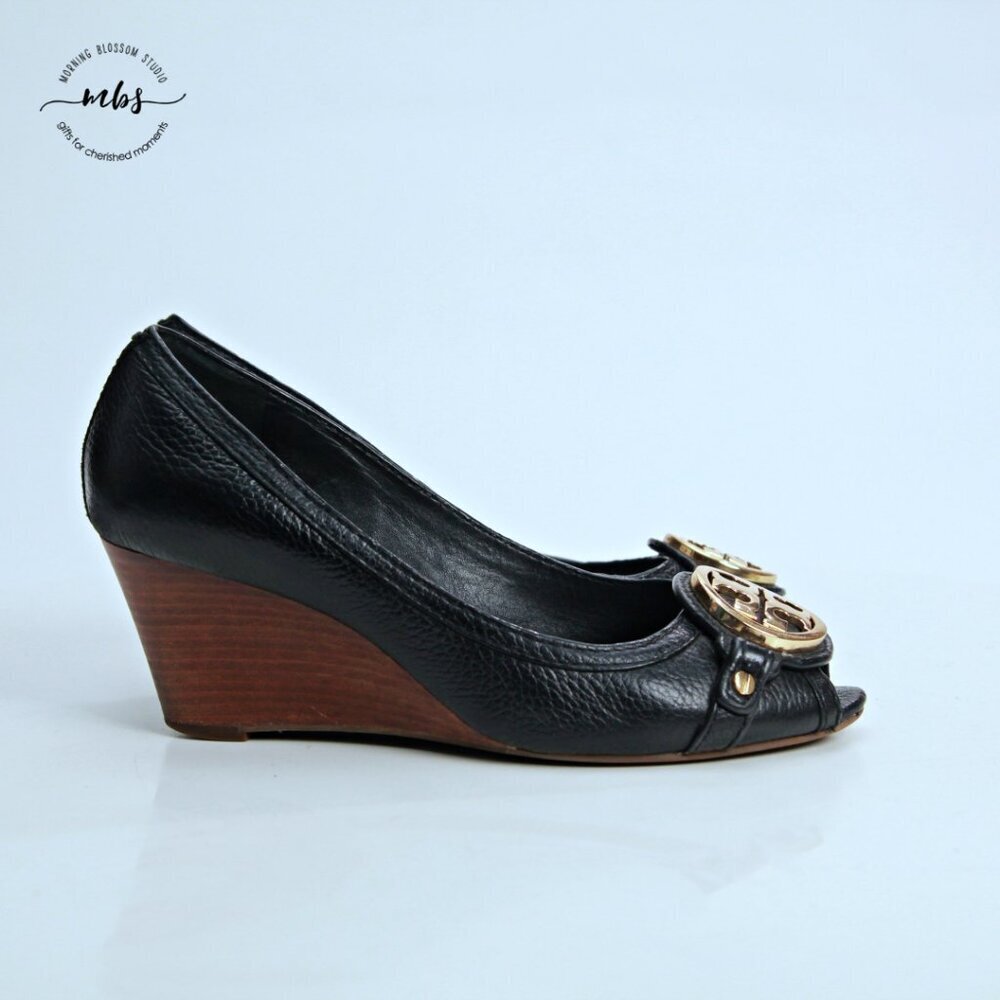 Tory Burch Letitia Leather Peep Toe Wedge Black Gold Women‎ 6.5